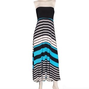 New Directions Strapless Striped Maxi Dress, Turquoise and Black, EUC, size L